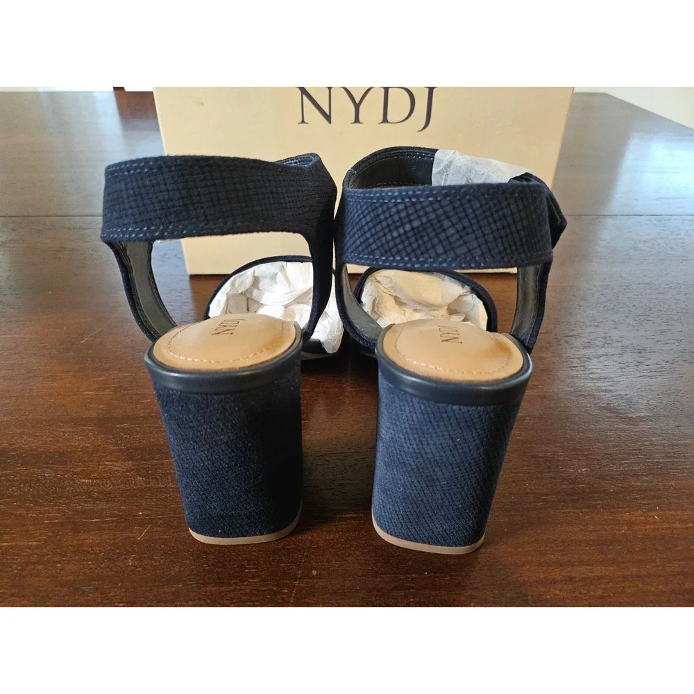 NYDJ Liz Suede Navy Blue Canvas Block Heel Ankle Strap Sandals Size 10 M New